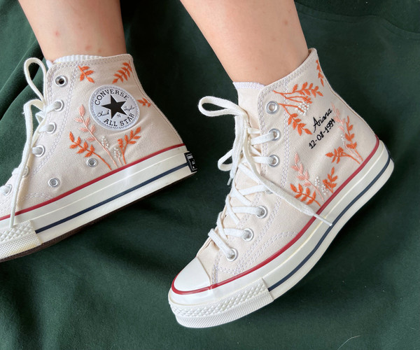 Embroidered Converse Chuck Taylors 1970sCustom Converse Orange Tree Leaves Cover The Wedding Day And NameCustom Logo LeavesGift For Her - 6.jpg