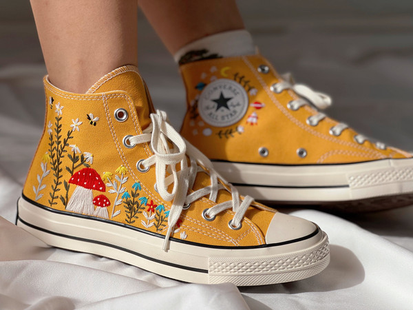 Embroidered Converse Hi TopsMushroom ConverseEmbroidered Red MushroomsCustom Sweet Flower GardenConverse High Tops Chuck Taylor 1970s - 5.jpg