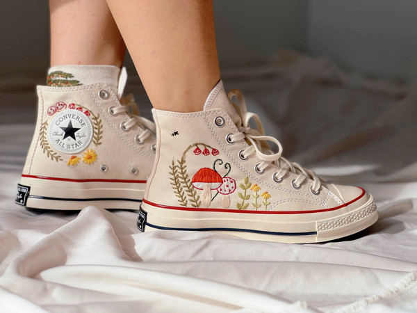 Embroidered Converse High TopsMushroom ConverseEmbroidered Red Mushrooms And Yellow FlowerKawaii MushroomMushroom Gifts - 1.jpg