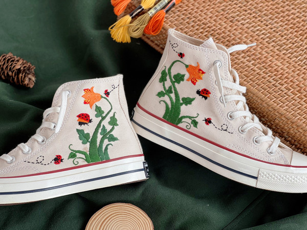 Embroidered ConverseFlower ConverseCustom Converse Orange Flowers,Vines And Red LadybugsEmbroidered Converse High Tops Chuck Taylor 1970s - 1.jpg
