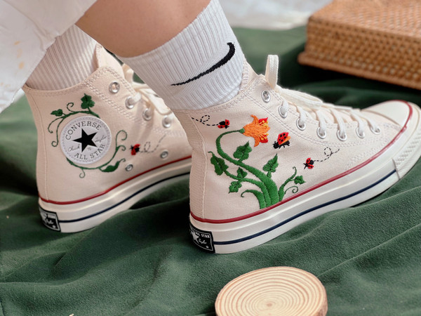 Embroidered ConverseFlower ConverseCustom Converse Orange Flowers,Vines And Red LadybugsEmbroidered Converse High Tops Chuck Taylor 1970s - 3.jpg