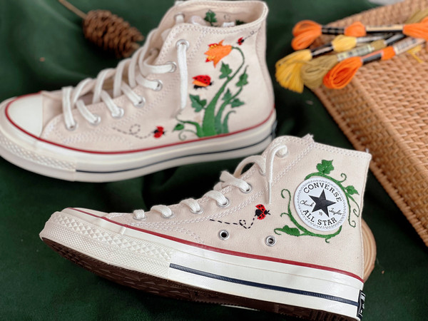 Embroidered ConverseFlower ConverseCustom Converse Orange Flowers,Vines And Red LadybugsEmbroidered Converse High Tops Chuck Taylor 1970s - 4.jpg