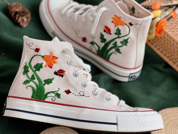 Embroidered ConverseFlower ConverseCustom Converse Orange Flowers,Vines And Red LadybugsEmbroidered Converse High Tops Chuck Taylor 1970s - 5.jpg