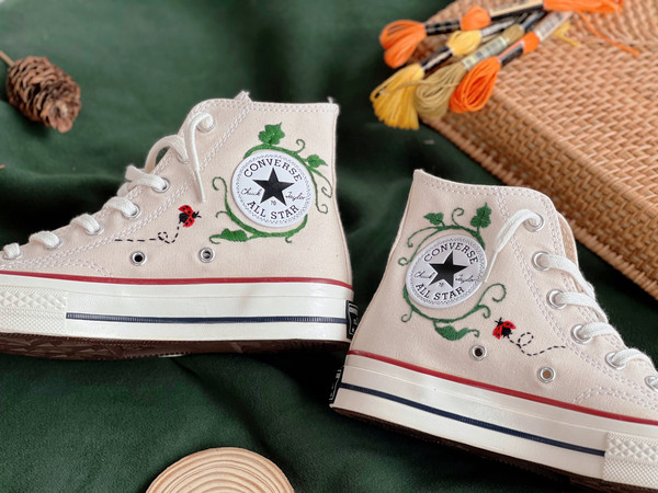Embroidered ConverseFlower ConverseCustom Converse Orange Flowers,Vines And Red LadybugsEmbroidered Converse High Tops Chuck Taylor 1970s - 7.jpg