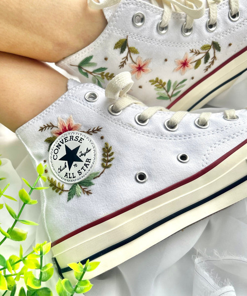 Embroidered ConverseFlower ConverseEmbroidered Pink Flower And LeavesConverse High Tops Chuck Taylor 1970sGift For MomBest For Gifts - 1.jpg
