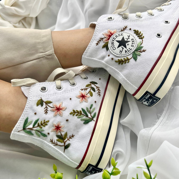 Embroidered ConverseFlower ConverseEmbroidered Pink Flower And LeavesConverse High Tops Chuck Taylor 1970sGift For MomBest For Gifts - 3.jpg