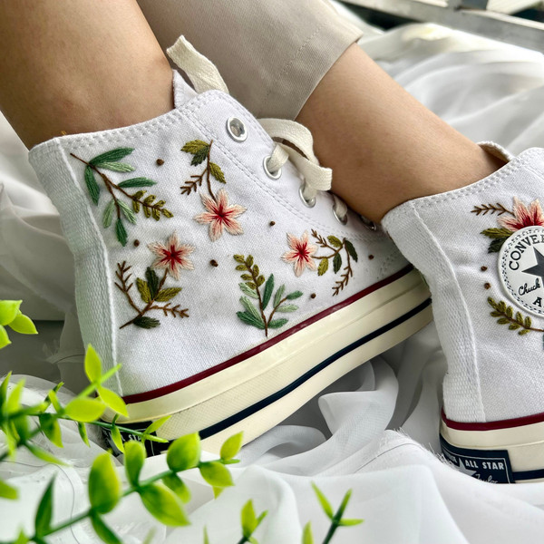 Embroidered ConverseFlower ConverseEmbroidered Pink Flower And LeavesConverse High Tops Chuck Taylor 1970sGift For MomBest For Gifts - 7.jpg