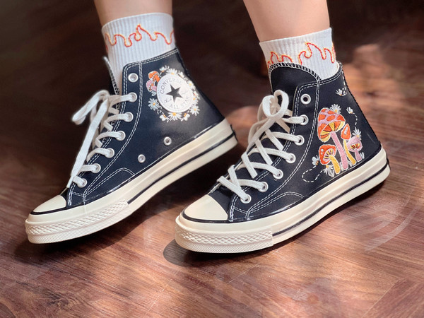 Embroidered ConverseMushroom ConverseCustom Converse Cluster Of Colorful Mushrooms And BeesEmbroidered Converse High Tops Logo Mushroom - 2.jpg