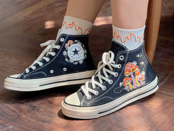 Embroidered ConverseMushroom ConverseCustom Converse Cluster Of Colorful Mushrooms And BeesEmbroidered Converse High Tops Logo Mushroom - 3.jpg