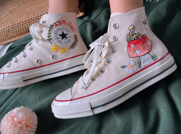 Embroidered ConverseMushroom ConverseEmbroidered Big Red Mushrooms,Fairies And FlowerConverse High Tops Chuck Taylor 1970sGift For Her - 1.jpg