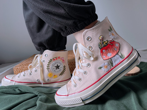 Embroidered ConverseMushroom ConverseEmbroidered Big Red Mushrooms,Fairies And FlowerConverse High Tops Chuck Taylor 1970sGift For Her - 2.jpg