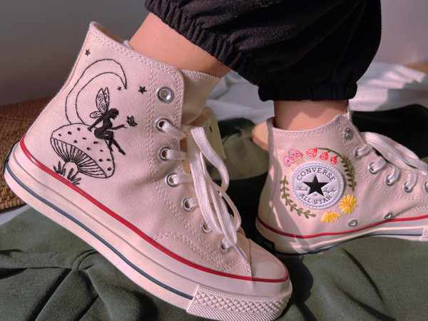 Embroidered ConverseMushroom ConverseEmbroidered Big Red Mushrooms,Fairies And FlowerConverse High Tops Chuck Taylor 1970sGift For Her - 4.jpg