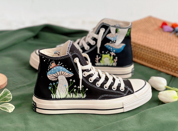 Embroidered ConverseMushroom ConverseEmbroidered Blue Mushrooms, Monarch Butterflies And WildflowersConverse High Tops Chuck Taylor 1970s - 1.jpg