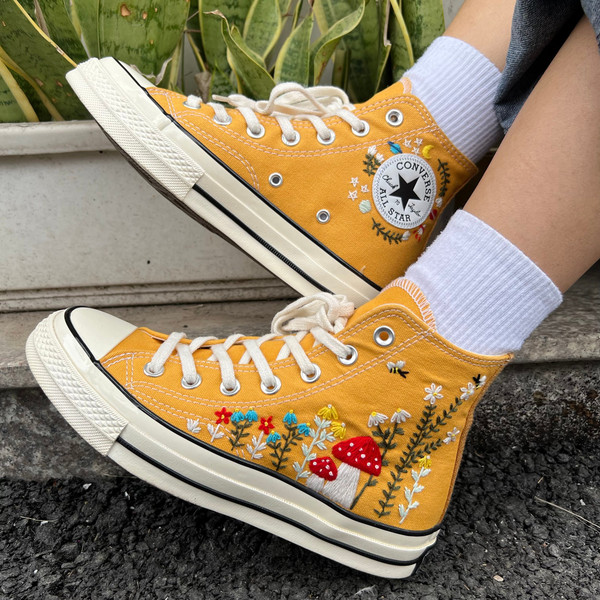 Embroidered ConverseMushroom ConverseEmbroidered Red Mushrooms,Sweet Flower GardenConverse High Tops Chuck Taylor 1970s BeesBest ForGift - 2.jpg