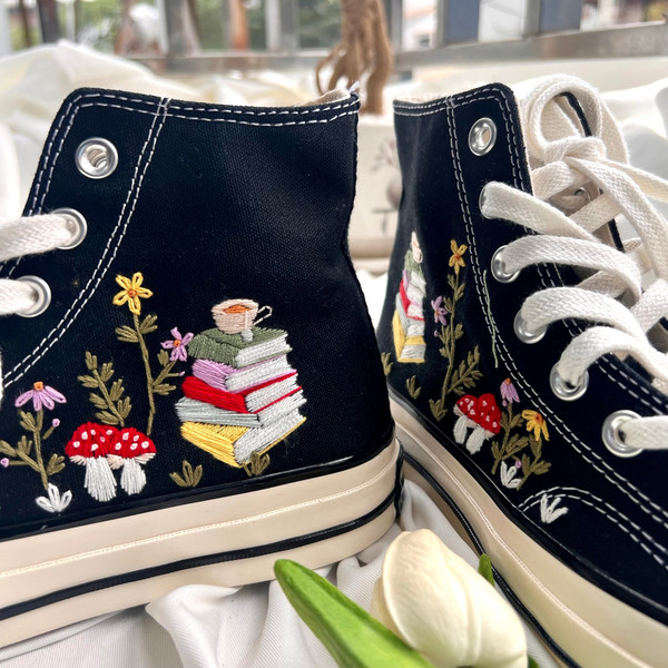 Embroidered ConverseMushroom ConverseEmbroidered Sneakers Mushroom Flower Forest And Stack Of BooksConverse High Tops Chuck Taylor 1970s - 2.jpg