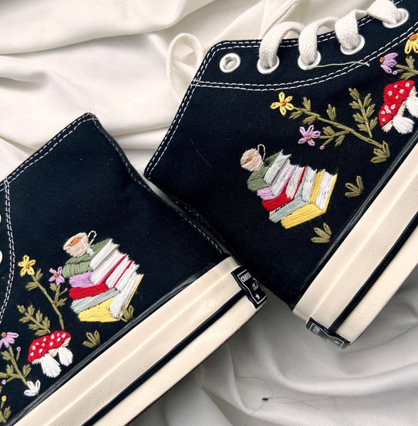 Embroidered ConverseMushroom ConverseEmbroidered Sneakers Mushroom Flower Forest And Stack Of BooksConverse High Tops Chuck Taylor 1970s - 3.jpg
