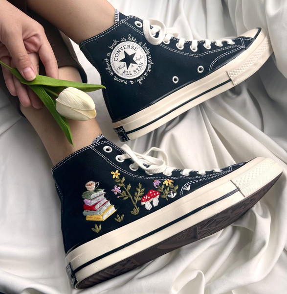 Embroidered ConverseMushroom ConverseEmbroidered Sneakers Mushroom Flower Forest And Stack Of BooksConverse High Tops Chuck Taylor 1970s - 4.jpg