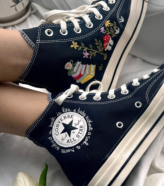Embroidered ConverseMushroom ConverseEmbroidered Sneakers Mushroom Flower Forest And Stack Of BooksConverse High Tops Chuck Taylor 1970s - 6.jpg
