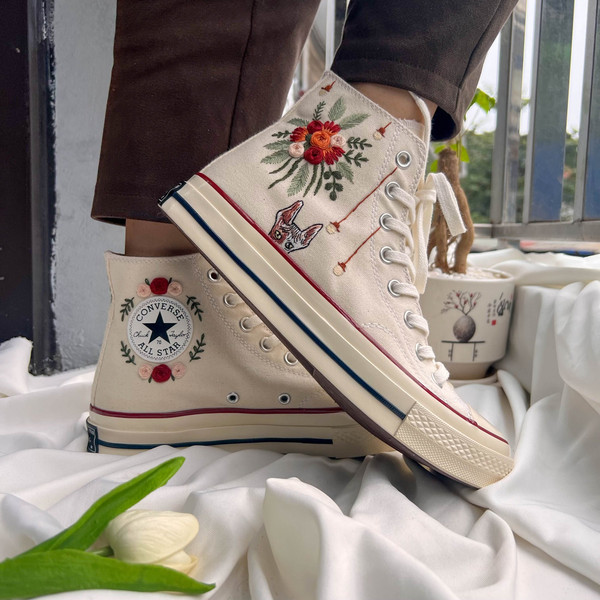 Embroidered ConverseWedding ConverseConverse High Tops Wedding Flowers And CatsCustom Chuck Taylor 1970sWedding Sneakers - 3.jpg