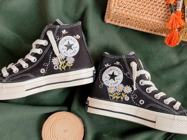 Flower ConverseCustom Converse White Chrysanthemum And BeesEmbroidered Logo DaisyCustom Converse Chuck Taylors 1970sGift For Her - 7.jpg