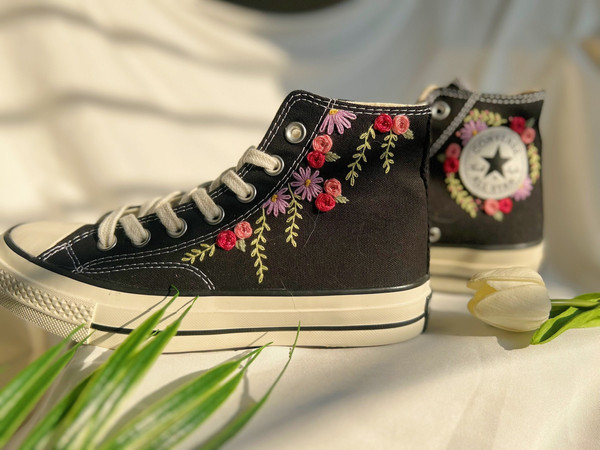 Wedding Converse High Tops Chuck Taylor 1970sEmbroidered ConverseCustom Rose StripEmbroidered Rose LogoCustom Wedding Shoes - 1.jpg