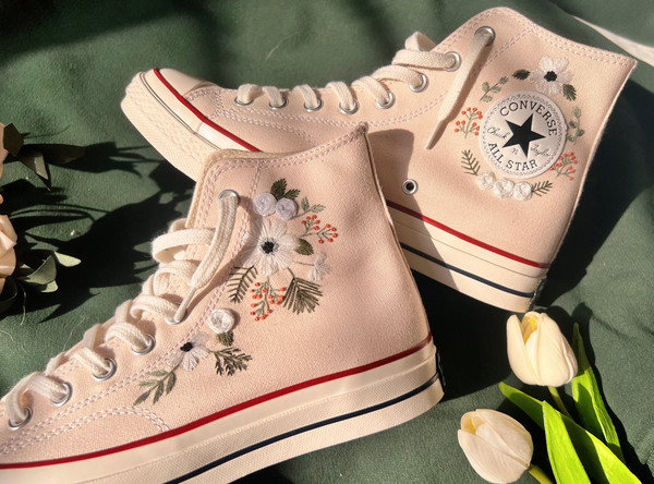 Wedding ConverseEmbroidered ConverseConverse High Tops White Flower StripLogo Converse EmbroideryCustom Chuck Taylor 1970sGift For Her - 1.jpg