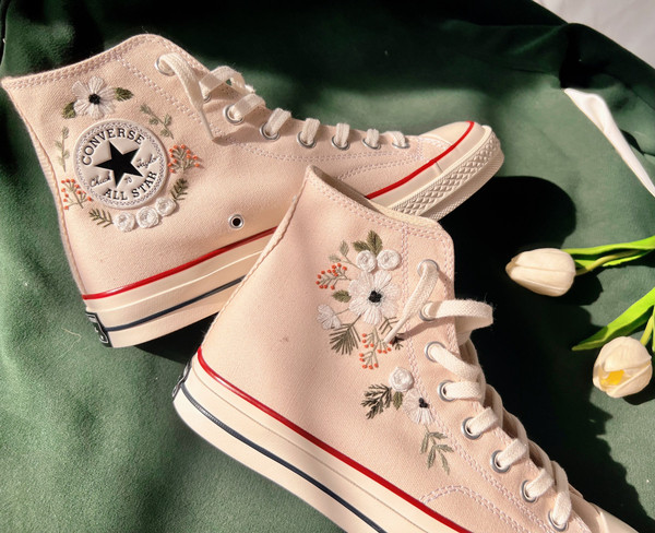 Wedding ConverseEmbroidered ConverseConverse High Tops White Flower StripLogo Converse EmbroideryCustom Chuck Taylor 1970sGift For Her - 2.jpg