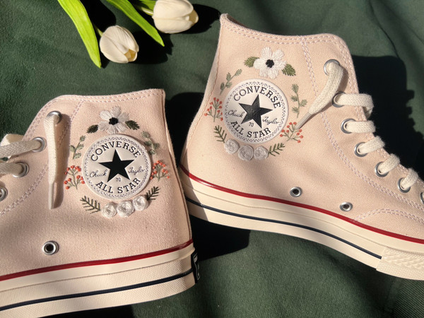 Wedding ConverseEmbroidered ConverseConverse High Tops White Flower StripLogo Converse EmbroideryCustom Chuck Taylor 1970sGift For Her - 5.jpg