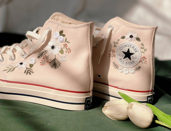 Wedding ConverseEmbroidered ConverseConverse High Tops White Flower StripLogo Converse EmbroideryCustom Chuck Taylor 1970sGift For Her - 6.jpg