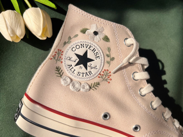 Wedding ConverseEmbroidered ConverseConverse High Tops White Flower StripLogo Converse EmbroideryCustom Chuck Taylor 1970sGift For Her - 8.jpg