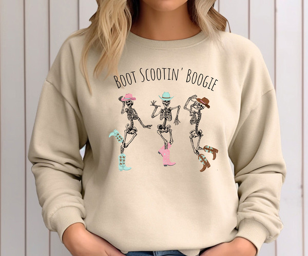 Boot Scootin Boogie Sweatshirt, Boot Scootin Spooky Sweatshirt, Cowboy Ghost Shirt,Western Halloween Shirt,Dancing Skeletons Halloween Shirt - 1.jpg