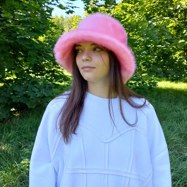 Shocking Pink Faux Fur Bucket Hat-festival Hat-floppy Hat-fur Hat