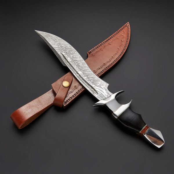 custom handmade damascsu steel bowie hunting knife with leat - Inspire  Uplift