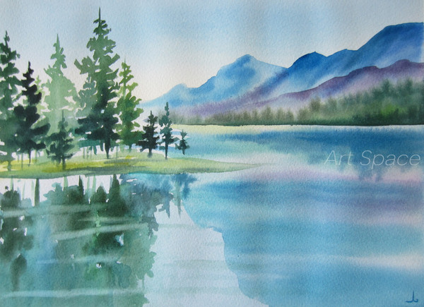 Art in a Mat Watercolor Painting Forest Reflection on Water 