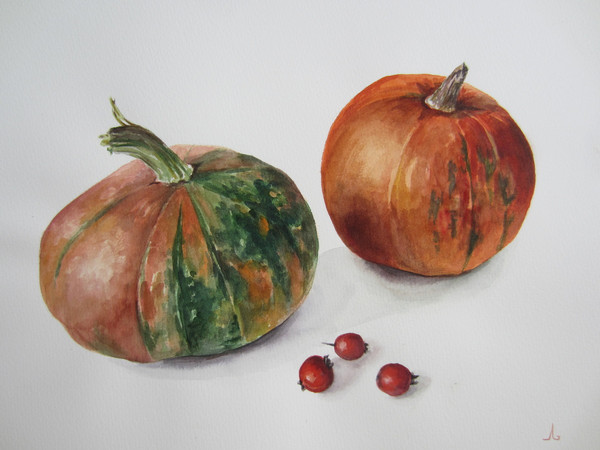 pumpkins - autumn vegetables - vegetables - still life - berries - rose hips - watercolor painting - 2.JPG