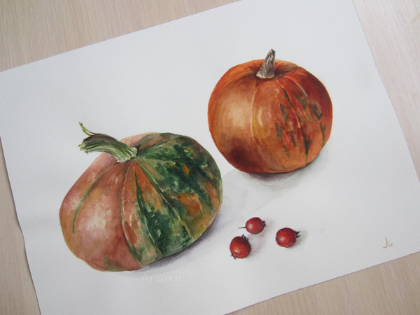 pumpkins - autumn vegetables - vegetables - still life - berries - rose hips - watercolor painting - 4.JPG