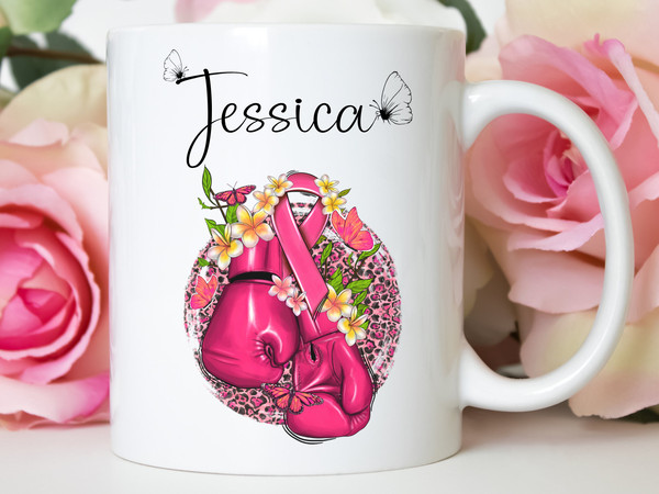 11 oz Personalized Name - Pink floral boxing gloves Breast Cancer Awareness Mug, Double sided print, Motivational Mugs for Women - 1.jpg