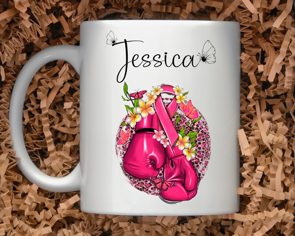 11 oz Personalized Name - Pink floral boxing gloves Breast Cancer Awareness Mug, Double sided print, Motivational Mugs for Women - 2.jpg