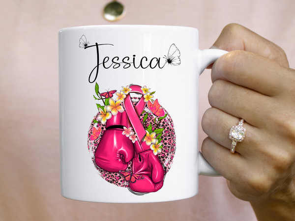 11 oz Personalized Name - Pink floral boxing gloves Breast Cancer Awareness Mug, Double sided print, Motivational Mugs for Women - 3.jpg
