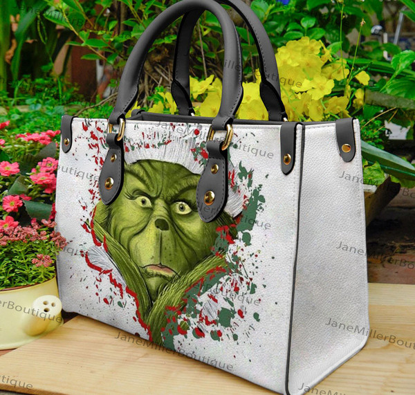 Grinch Christmas Leather Bag, Grinch Lover Handbag, Custom Leather Bag, Woman Handbag, Custom Leather Bag, Shopping Bag, Handmade Bag - 1.jpg