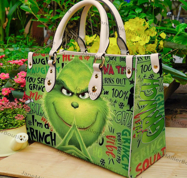 Grinch Christmas Leather Bag, Grinch Lover Handbag, Custom Leather Bag, Woman Handbag, Custom Leather Bag, Shopping Bag, Handmade Bag - 2.jpg