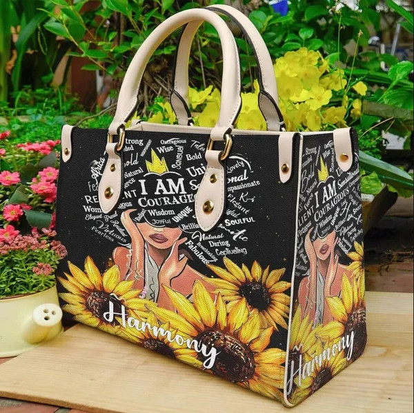 African American Black Queen Girl Sunflower Personalized Name Purse Tote Bag Handbag For Women, Customized Black Queen Women Leather Handbag - 2.jpg