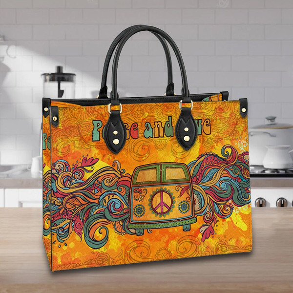 Hippie Psychedelic Camper Van Peace Sign Women leather Bag ,Hippie Woman Handbag,Hippie Women Bag and Purses,Custom Leather Bag,Hippie Gifts - 1.jpg