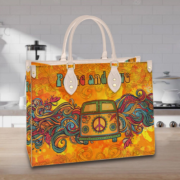 Hippie Psychedelic Camper Van Peace Sign Women leather Bag ,Hippie Woman Handbag,Hippie Women Bag and Purses,Custom Leather Bag,Hippie Gifts - 2.jpg