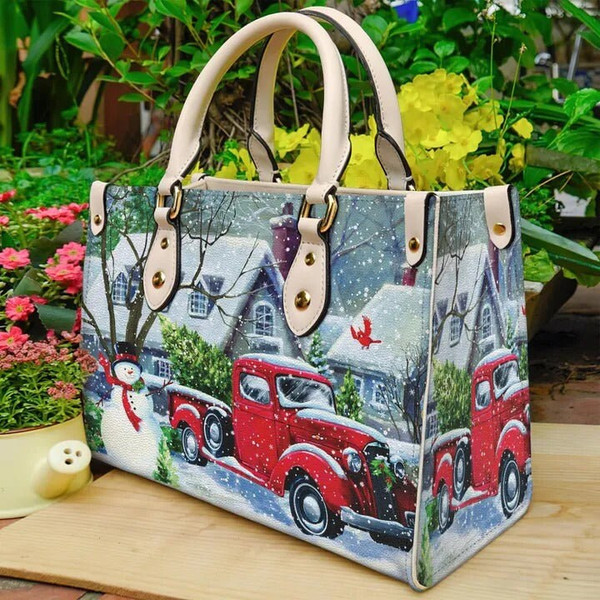 Snowman Red Truck Merry Christmas Women leather Bag,Christmas Woman Handbag,Christmas Women Bag and Purses,Custom Leather Bag Handbag - 4.jpg