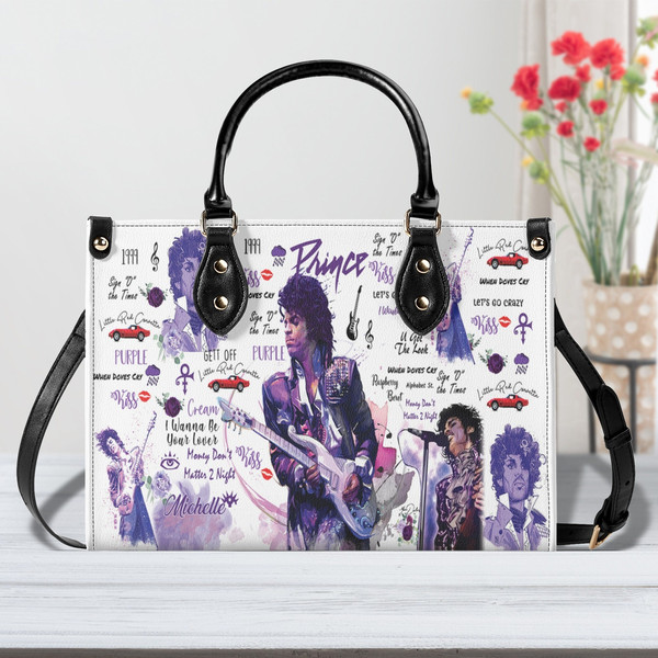 Prince Singer Leather Handbag, Watercolor Art - Prince Purple Women Bag, Personalized Leather BagPurseTote Bag, Custom Prince Shoulder Bag - 2.jpg