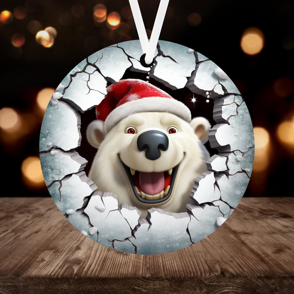 3D Polar Bear Christmas Ornament Sublimation PNG, Instant Digital Download, Christmas Round Ornament Break through Polar Bear Ornament PNG - 1.jpg