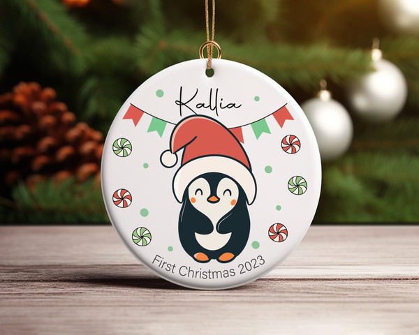 Personalised Baby's First Christmas Decoration Penguin Ceramic Ornament Home Decor Christmas Round Ornament - 3.jpg