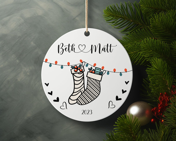 Personalized Couple Christmas Sock Ceramic Ornament Home Decor Christmas Round Ornament - 5.jpg