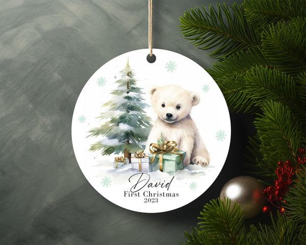 Personalized First Christmas 2023 Cute Baby Pola Bear Ceramic Ornament Home Decor Christmas Round Ornament - 2.jpg